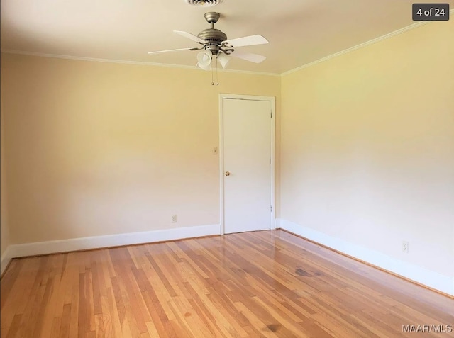 unfurnished room with light wood-type flooring, ornamental molding, and ceiling fan