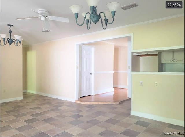 empty room with ceiling fan with notable chandelier and ornamental molding