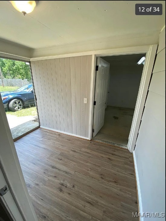 interior space featuring wood-type flooring and wood walls