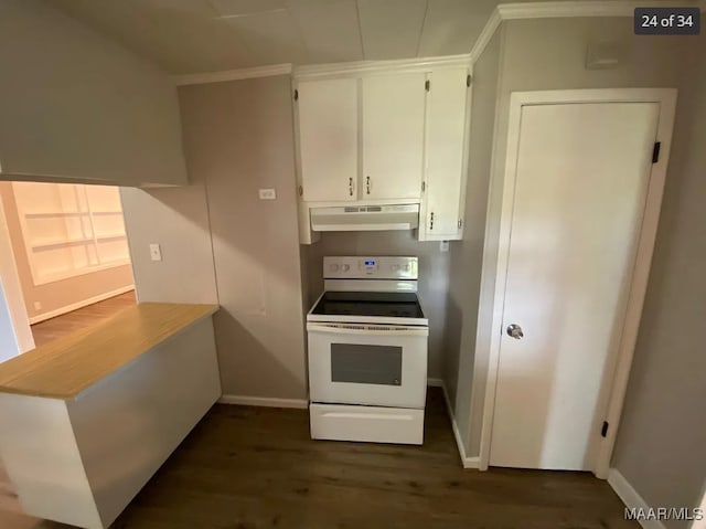 kitchen featuring ornamental molding, white cabinetry, white range with electric stovetop, and dark hardwood / wood-style flooring