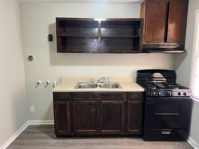 kitchen with light hardwood / wood-style flooring, sink, black range with gas stovetop, and dark brown cabinets