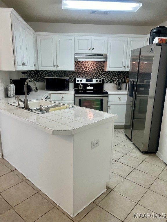 kitchen featuring white cabinets, stainless steel appliances, sink, kitchen peninsula, and exhaust hood