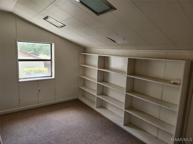 interior space with vaulted ceiling and carpet floors