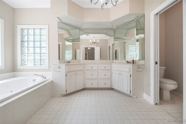 bathroom with vanity, an inviting chandelier, tiled bath, tile patterned flooring, and toilet