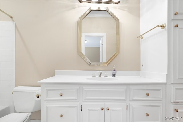 full bathroom with toilet, shower / bathing tub combination, and vanity