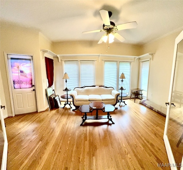 sitting room featuring ceiling fan and light hardwood / wood-style floors