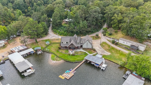 drone / aerial view featuring a water view