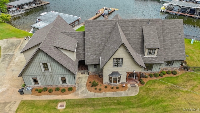 drone / aerial view with a water view