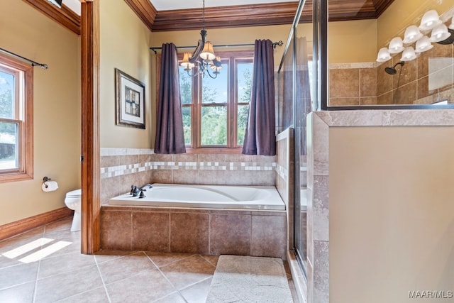 full bathroom featuring a bath, a tile shower, crown molding, toilet, and a chandelier