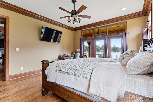 bedroom featuring a ceiling fan, baseboards, crown molding, access to outside, and light wood-type flooring