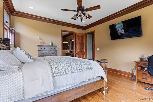 bedroom featuring light wood-type flooring, crown molding, baseboards, and ceiling fan