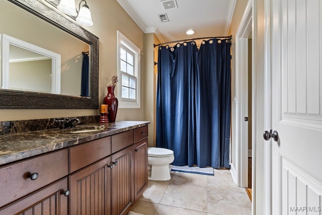 bathroom with toilet, visible vents, ornamental molding, and vanity