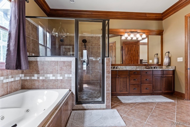 full bath featuring a stall shower, ornamental molding, tile patterned floors, a jetted tub, and vanity