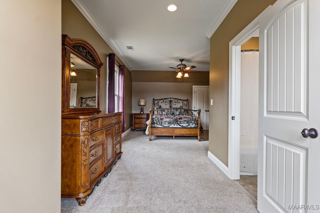 bedroom featuring baseboards, carpet, visible vents, and ornamental molding