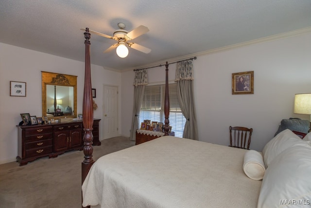 bedroom with light carpet, a ceiling fan, and crown molding