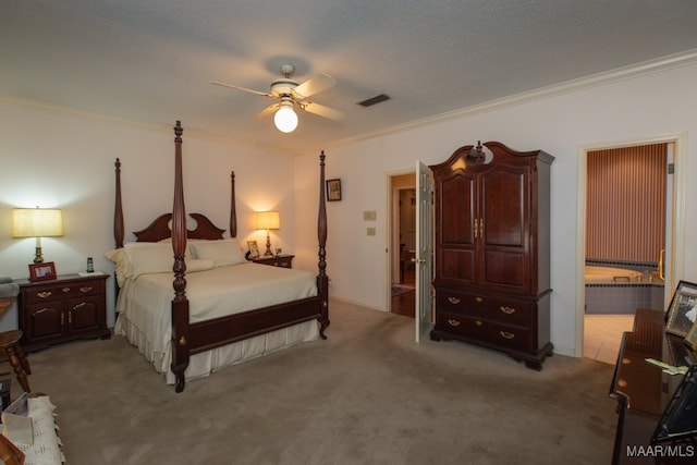 bedroom with crown molding, a textured ceiling, connected bathroom, ceiling fan, and carpet floors