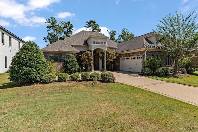 view of front of property with a garage and a front lawn