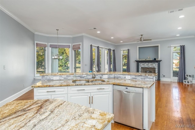 kitchen with white cabinetry, dishwasher, a healthy amount of sunlight, and sink