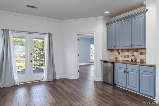 kitchen with french doors, dishwasher, sink, dark hardwood / wood-style floors, and decorative backsplash