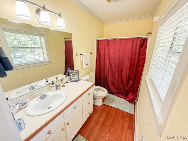 bathroom featuring curtained shower, crown molding, hardwood / wood-style floors, toilet, and vanity