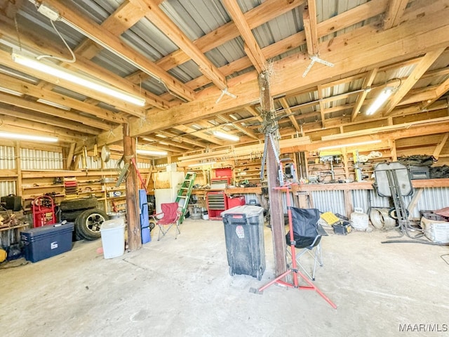 garage with a workshop area