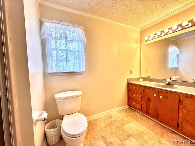 bathroom featuring crown molding, toilet, a textured ceiling, vanity, and baseboards