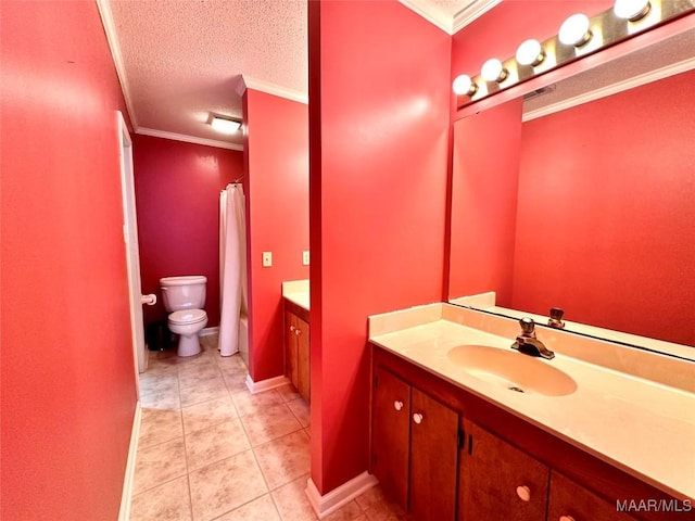 full bathroom with toilet, ornamental molding, tile patterned floors, a textured ceiling, and vanity