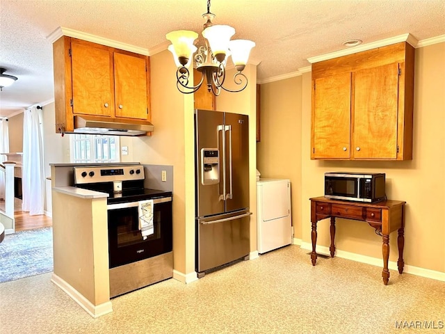 kitchen featuring crown molding, stainless steel appliances, brown cabinetry, a textured ceiling, and under cabinet range hood