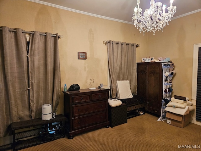 misc room featuring crown molding, a notable chandelier, and carpet floors