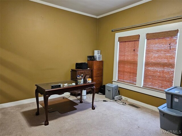 office space featuring ornamental molding and carpet