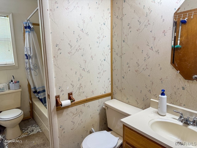 full bathroom with toilet, shower / tub combo, and vanity