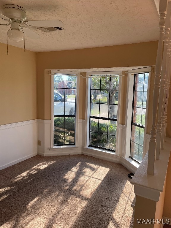 spare room featuring a textured ceiling, carpet flooring, ceiling fan, and a wealth of natural light