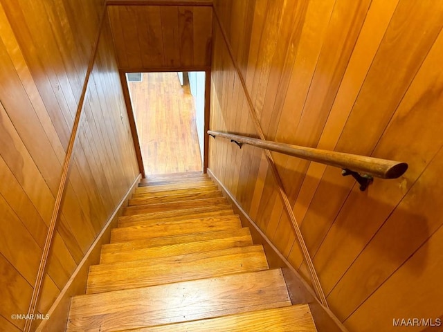 staircase with wooden walls