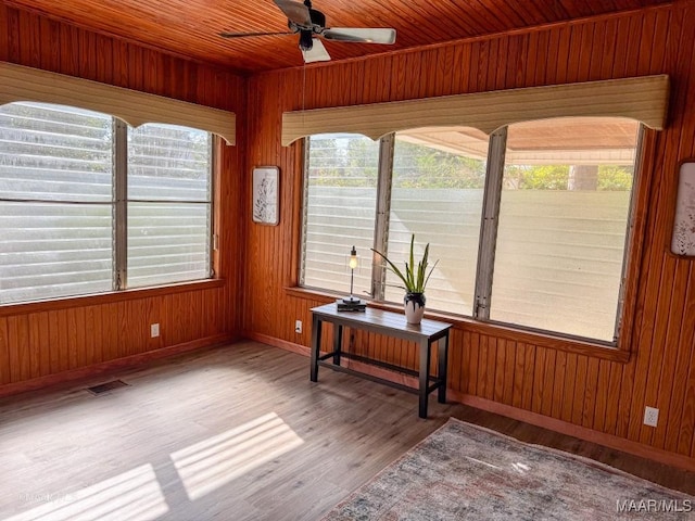 sunroom / solarium featuring visible vents, wood ceiling, and ceiling fan