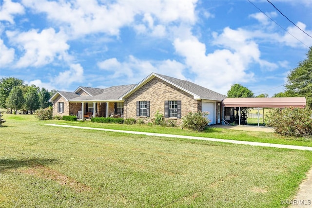 ranch-style home with a garage, a porch, and a front lawn