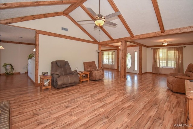 145 Cotton Ln, Deatsville, AL 36022 - living area with ceiling fan, visible vents, high vaulted ceiling, beamed ceiling, and light wood finished floors