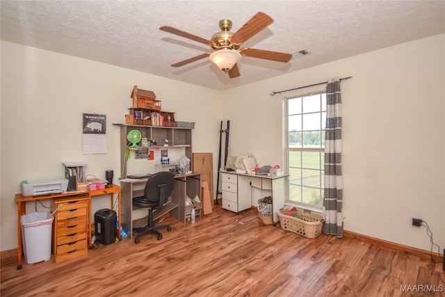 office area featuring hardwood / wood-style floors, ceiling fan, and a textured ceiling