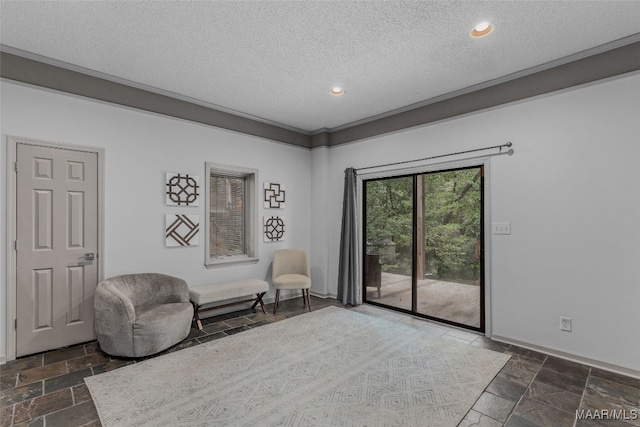 sitting room with a textured ceiling