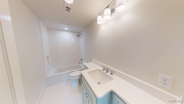full bath featuring visible vents, toilet,  shower combination, and vanity