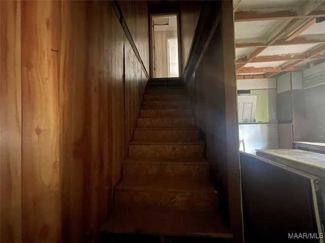 staircase with wood walls