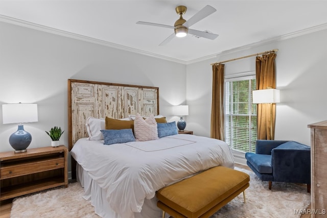 bedroom featuring ceiling fan and crown molding