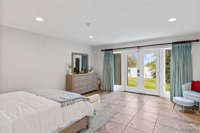 bedroom featuring access to outside, french doors, and recessed lighting