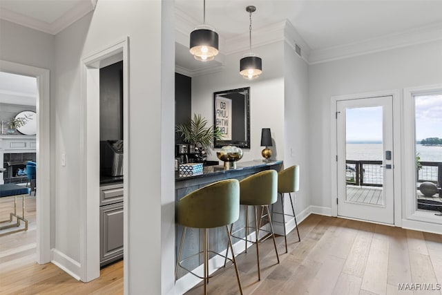 kitchen with a breakfast bar area, ornamental molding, a water view, light wood-style floors, and pendant lighting