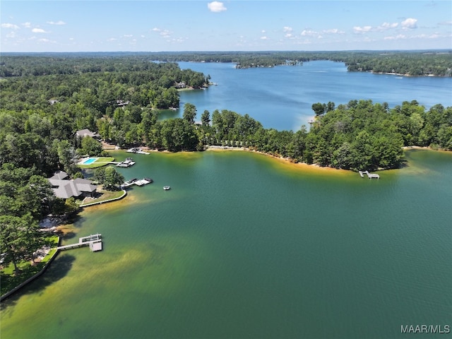 bird's eye view with a water view and a view of trees