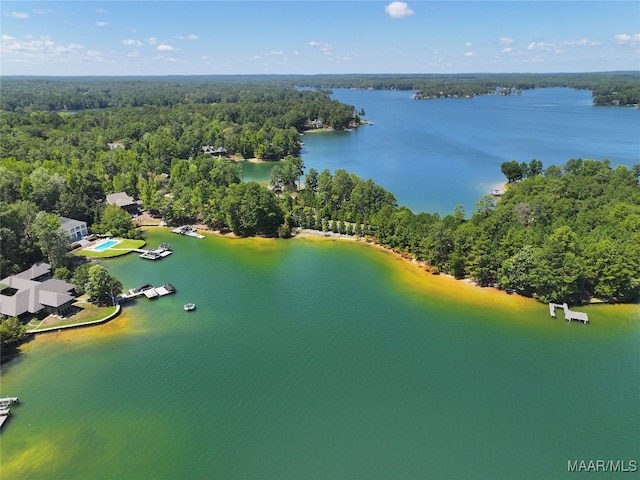 bird's eye view with a forest view and a water view