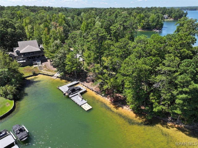 birds eye view of property featuring a water view and a wooded view