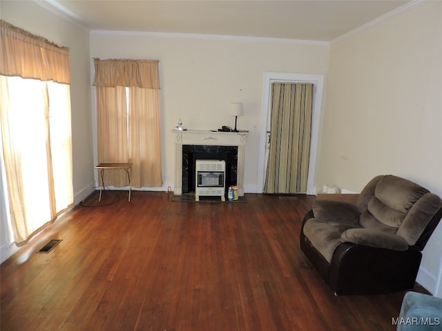 living room featuring plenty of natural light, heating unit, dark wood-type flooring, and a fireplace