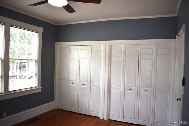 unfurnished bedroom with two closets, ceiling fan, hardwood / wood-style floors, and ornamental molding