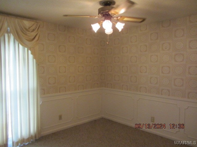 spare room featuring ceiling fan and plenty of natural light