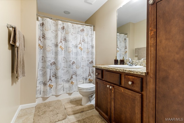 bathroom featuring vanity, toilet, a shower with curtain, and tile patterned floors